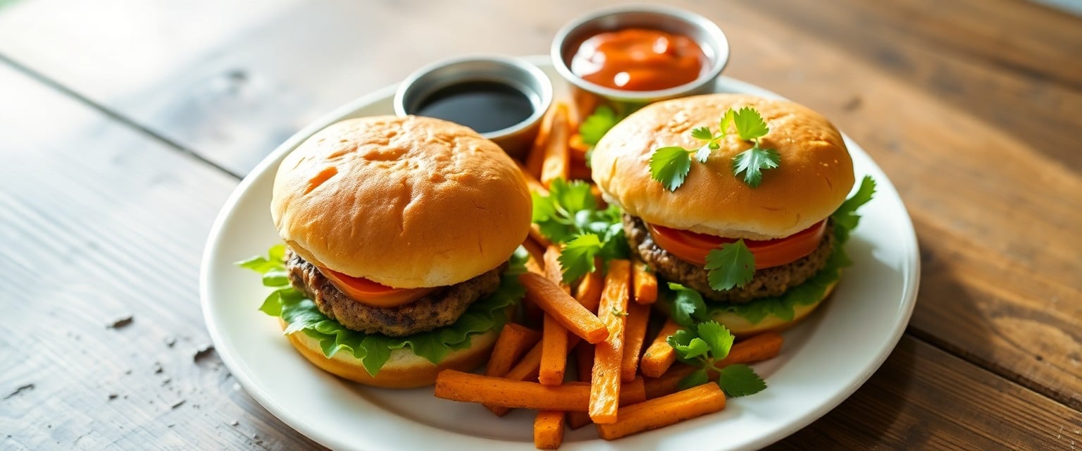Smoky veggie burgers served with sweet potato fries and dip