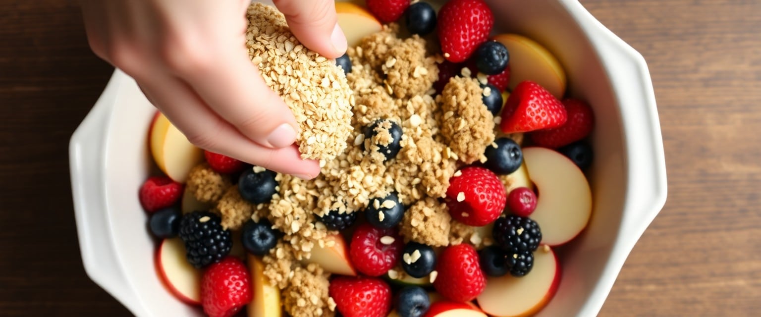 Adding oat crumble topping to summer fruit in dish