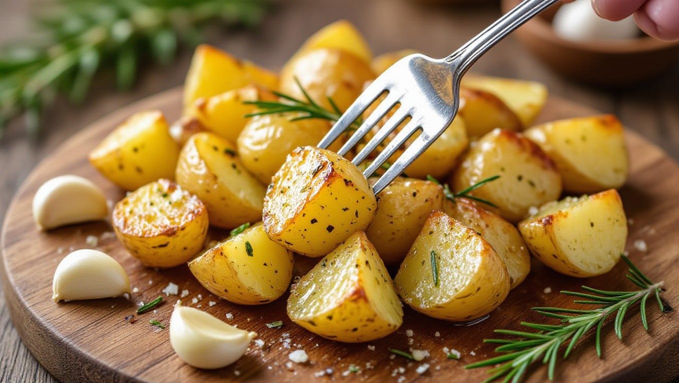 Squashed roast potato showing crispy edge and garlic sprig