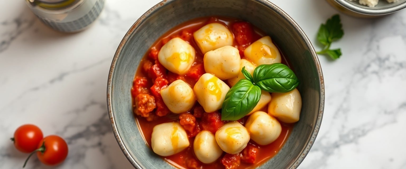 Jamie Oliver-style gnocchi with tomato and basil served in a ceramic bowl