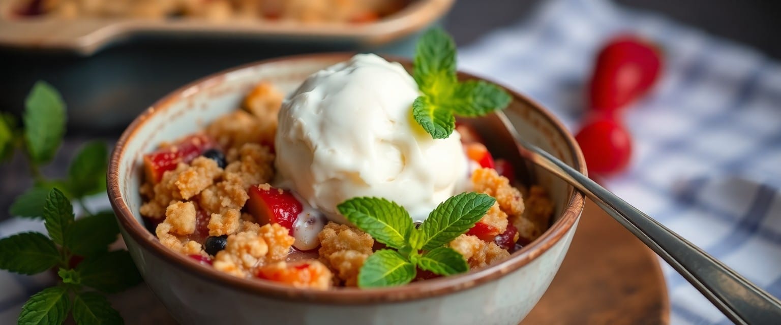 Bowl of fruit crumble with oats topped with vanilla ice cream