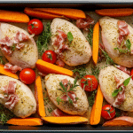 Chicken and sweet potato traybake with pancetta and cherry tomatoes