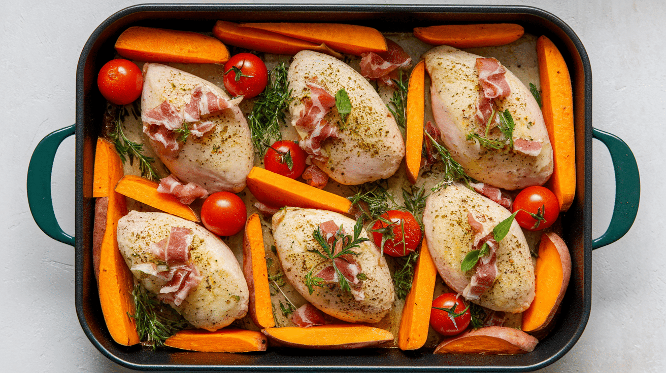 Chicken and sweet potato traybake with pancetta and cherry tomatoes