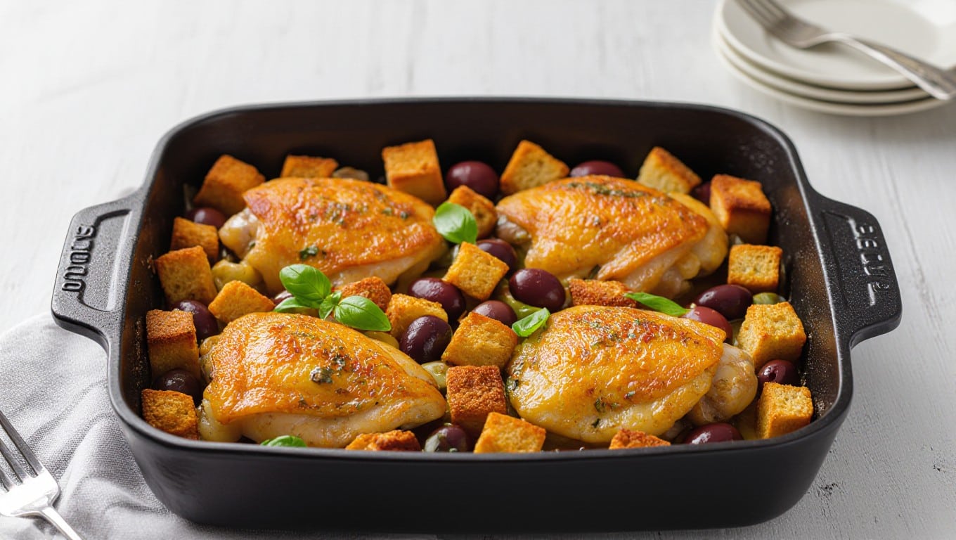 Chicken, ciabatta, olives, and basil traybake in a roasting pan