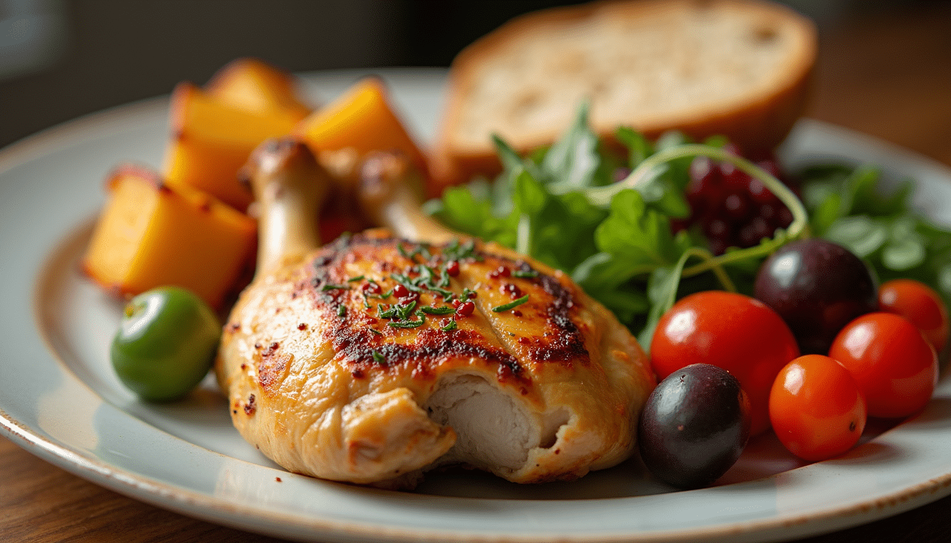Balanced plate with roasted chicken, vegetables, salad, and bread.