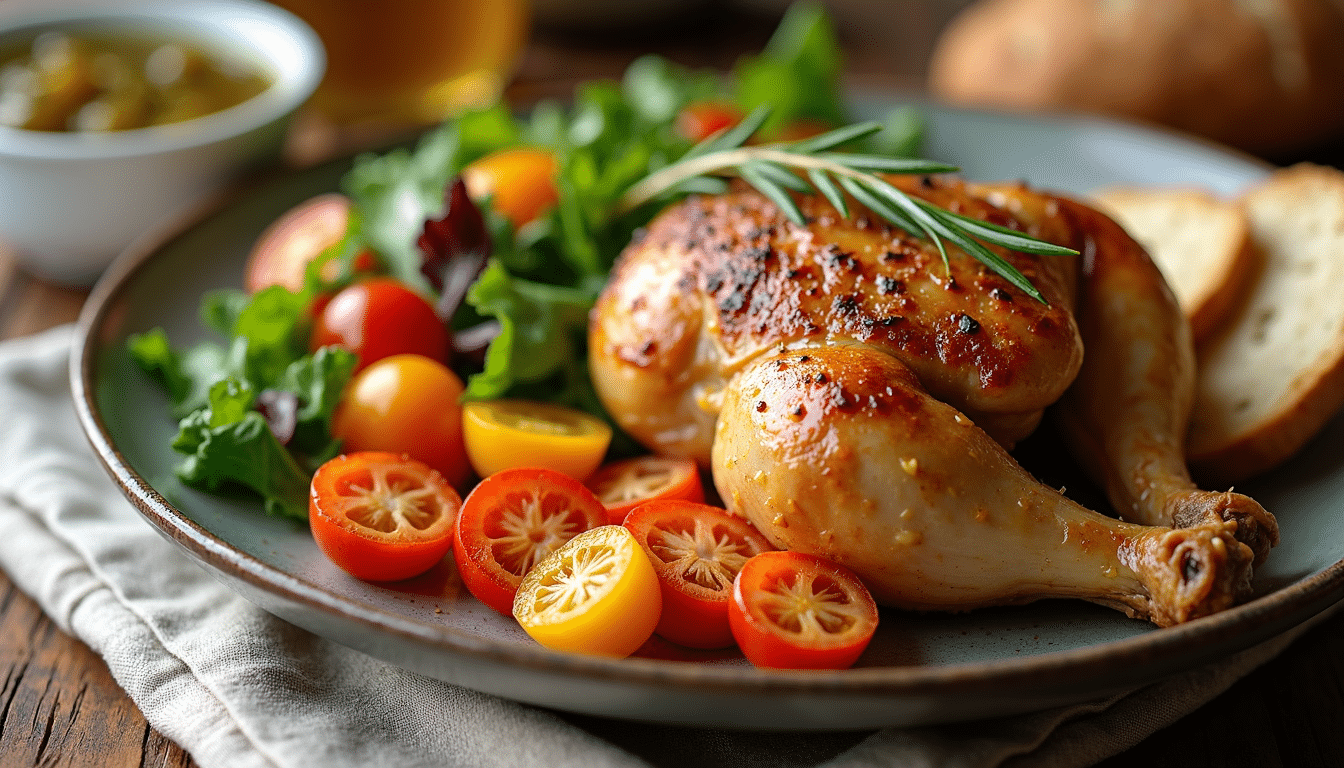 Balanced healthy meal with roasted chicken, vegetables, salad, and whole grain bread.