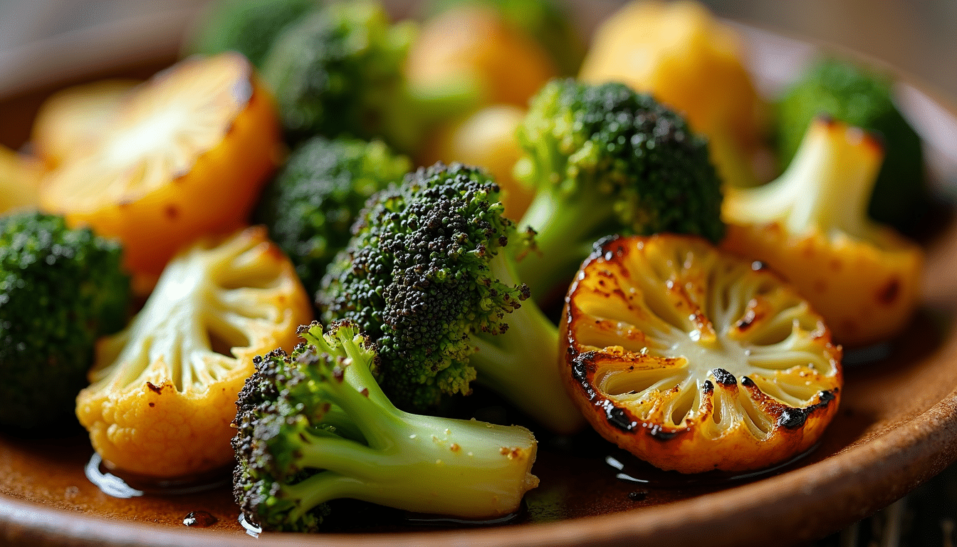 Close-up of crispy roasted broccoli, brussels sprouts and cauliflower with charred golden edges.