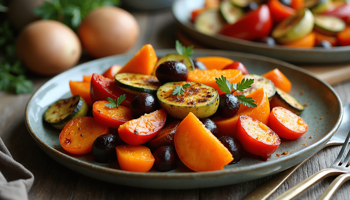 Family-style platter of colourful roasted vegetables served on a rustic wooden table.