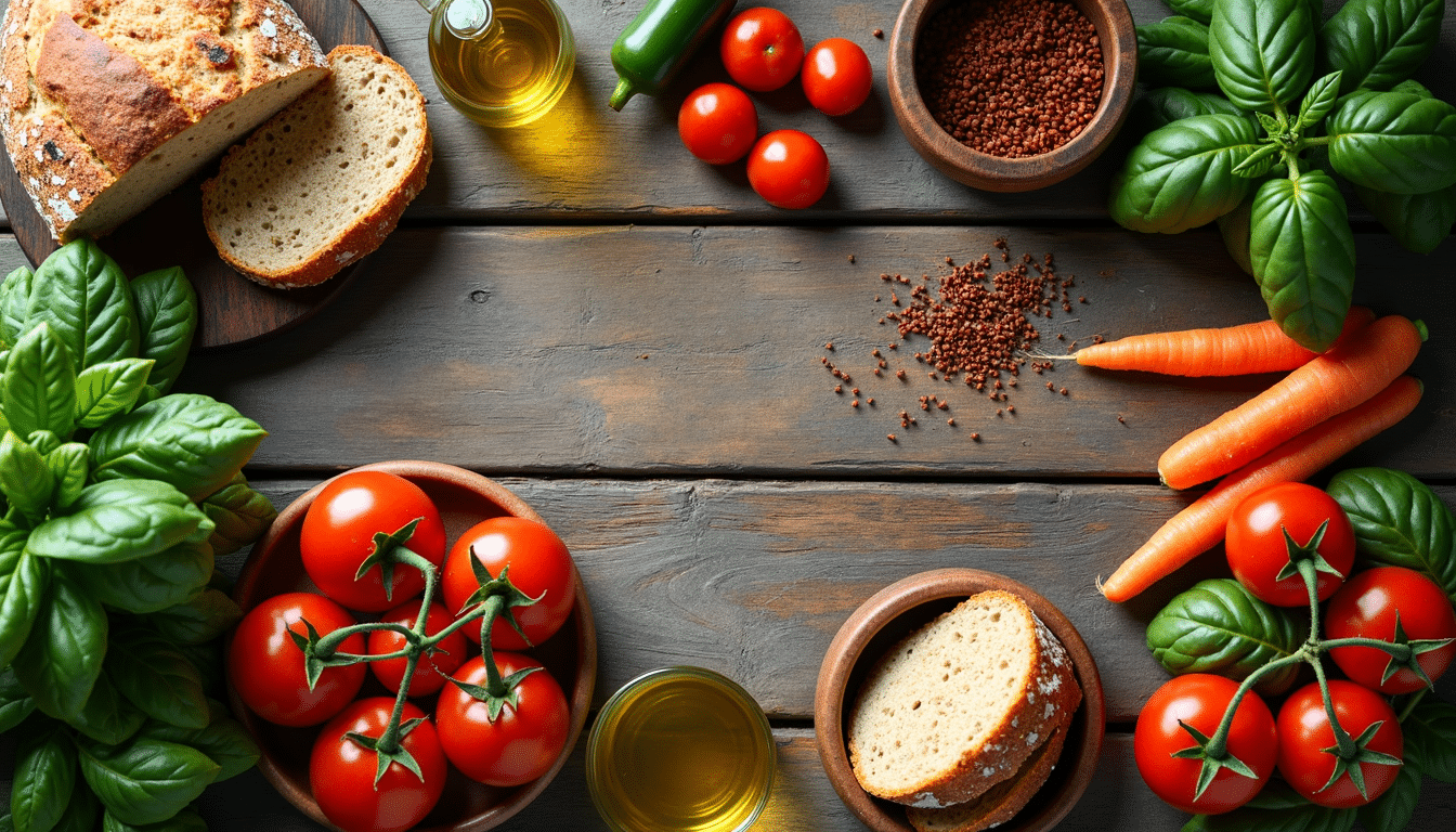 Fresh seasonal vegetables, herbs, and bread arranged on a rustic kitchen table.