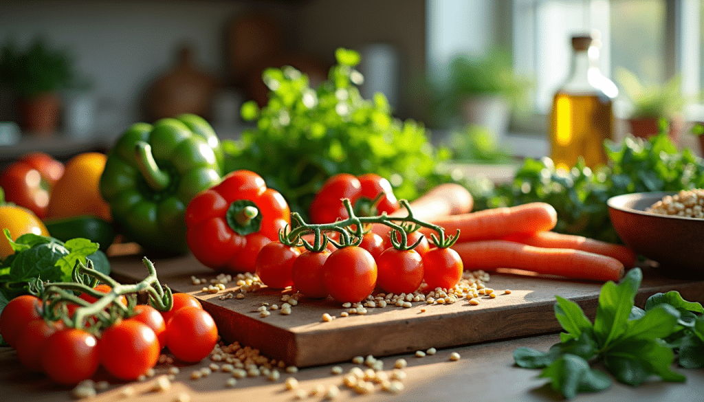 Fresh seasonal vegetables, grains, and herbs displayed on a rustic kitchen table in natural light.