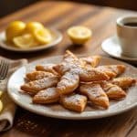 Freshly fried crostoli with powdered sugar and espresso