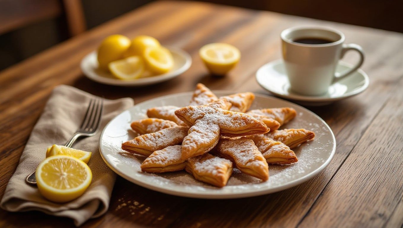 Freshly fried crostoli with powdered sugar and espresso