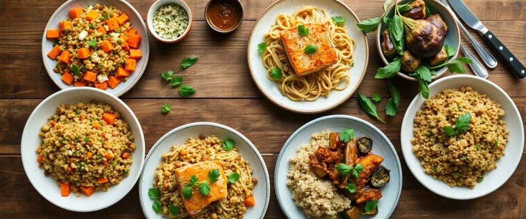 Healthy Jamie Oliver–style 30-minute dinner spread with salmon, salad, pasta, and aubergine.