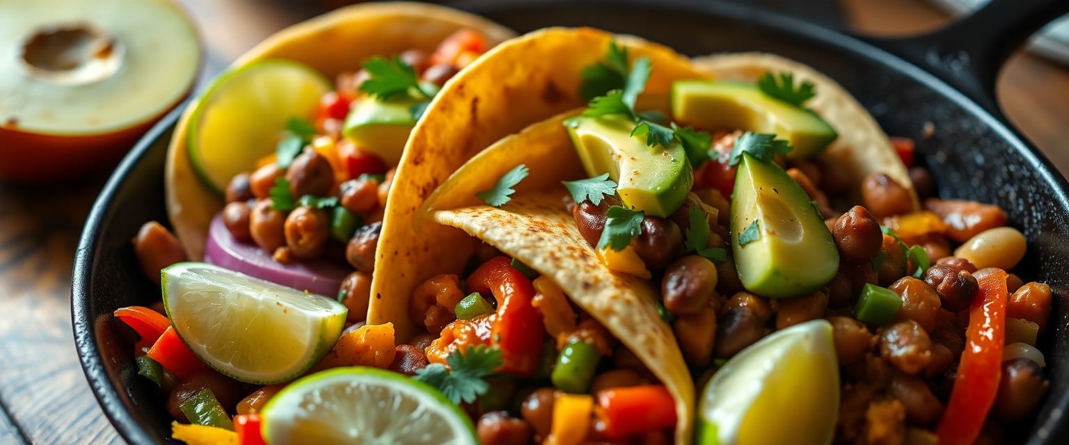 Mexican refried bean fajitas with peppers, onions, and avocado.