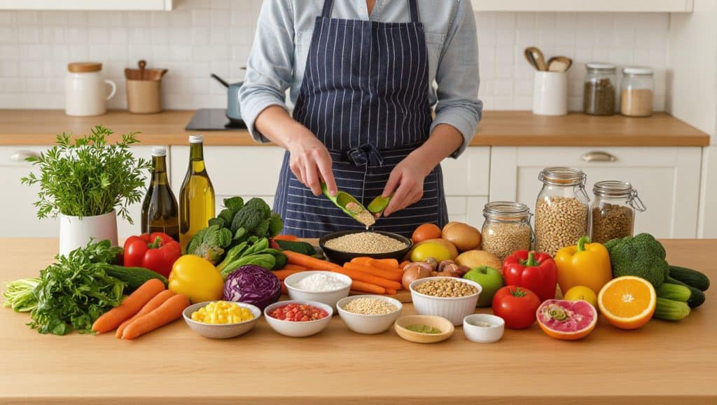 Fresh ingredients for Jamie Oliver healthy recipes on a rustic kitchen table.