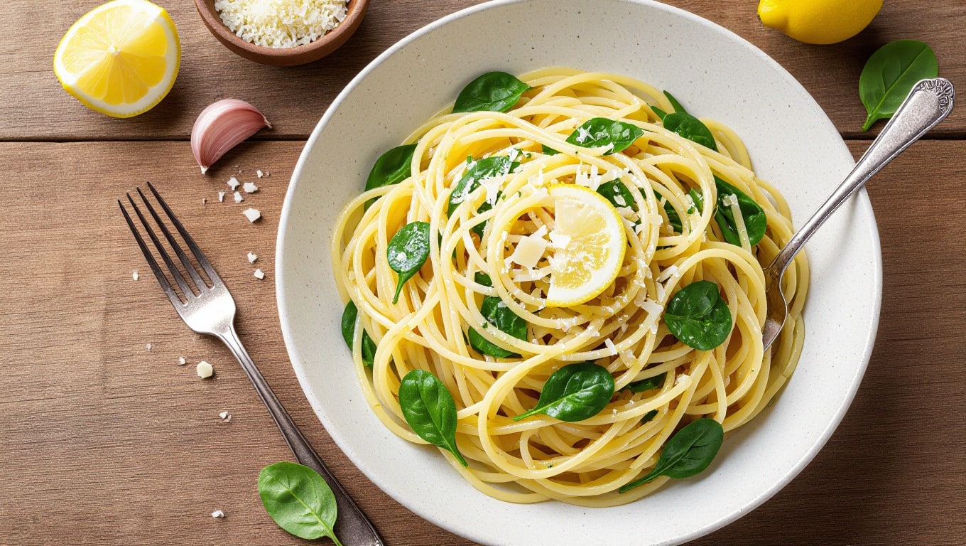 Jamie Oliver Low Calorie Recipes – wholewheat spaghetti with spinach and lemon.