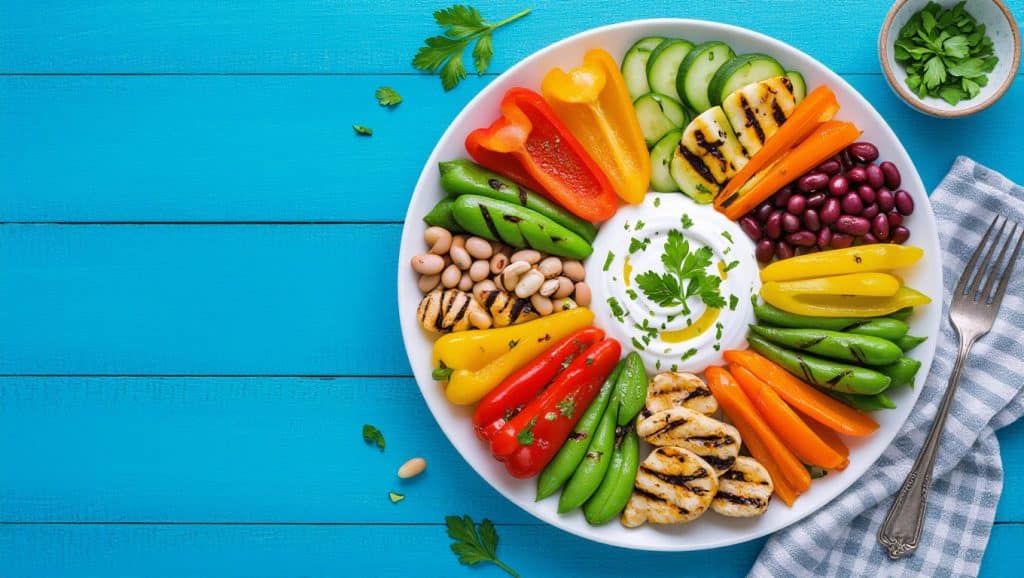 Jamie Oliver Low Calorie Recipes – grilled vegetables and beans platter.