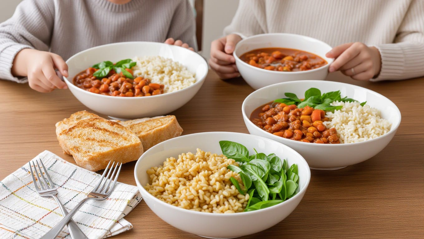 Jamie Oliver healthy chilli con carne with beans, brown rice, and greens.