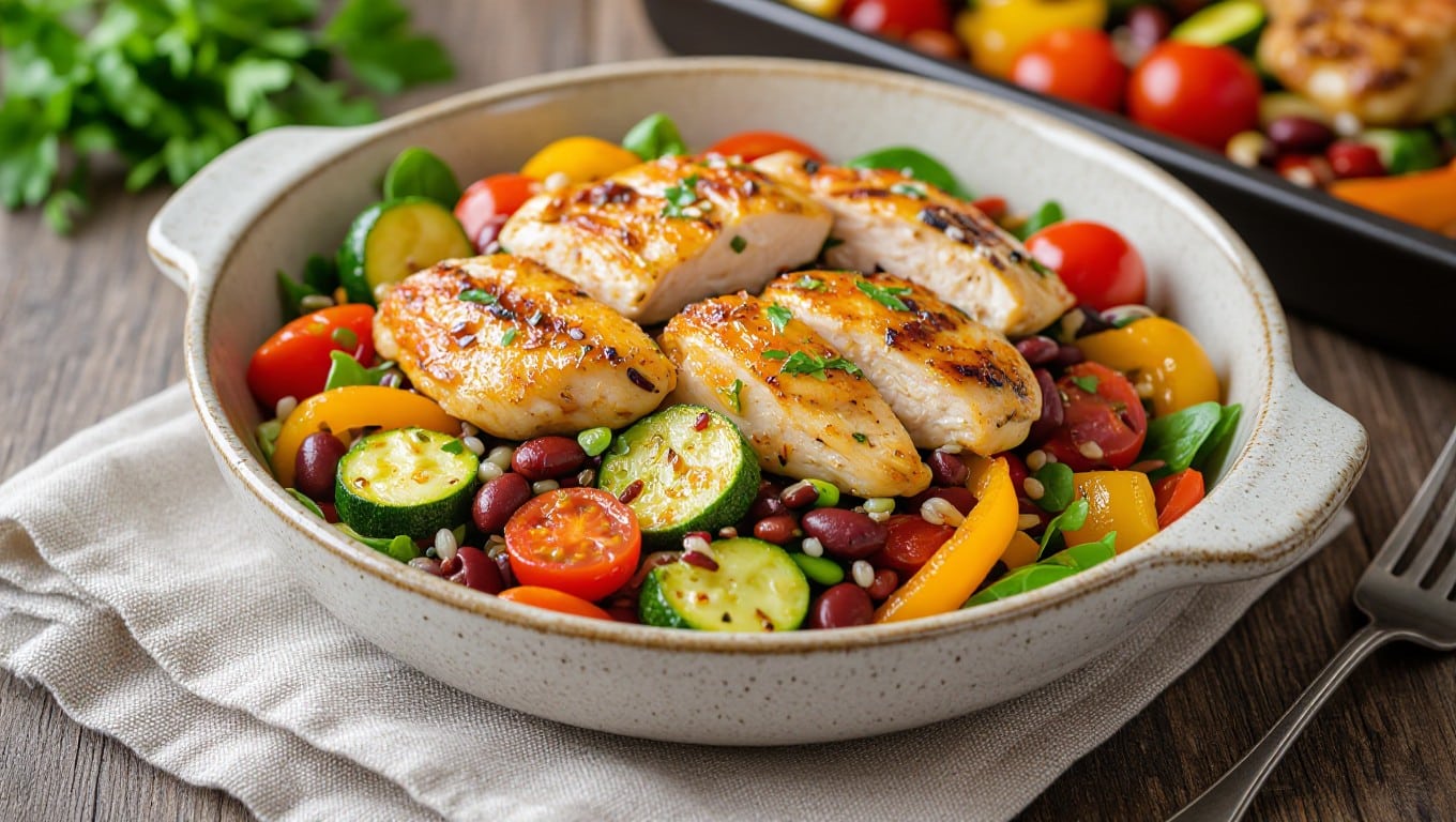 Jamie Oliver traybake chicken with colourful roasted vegetables.