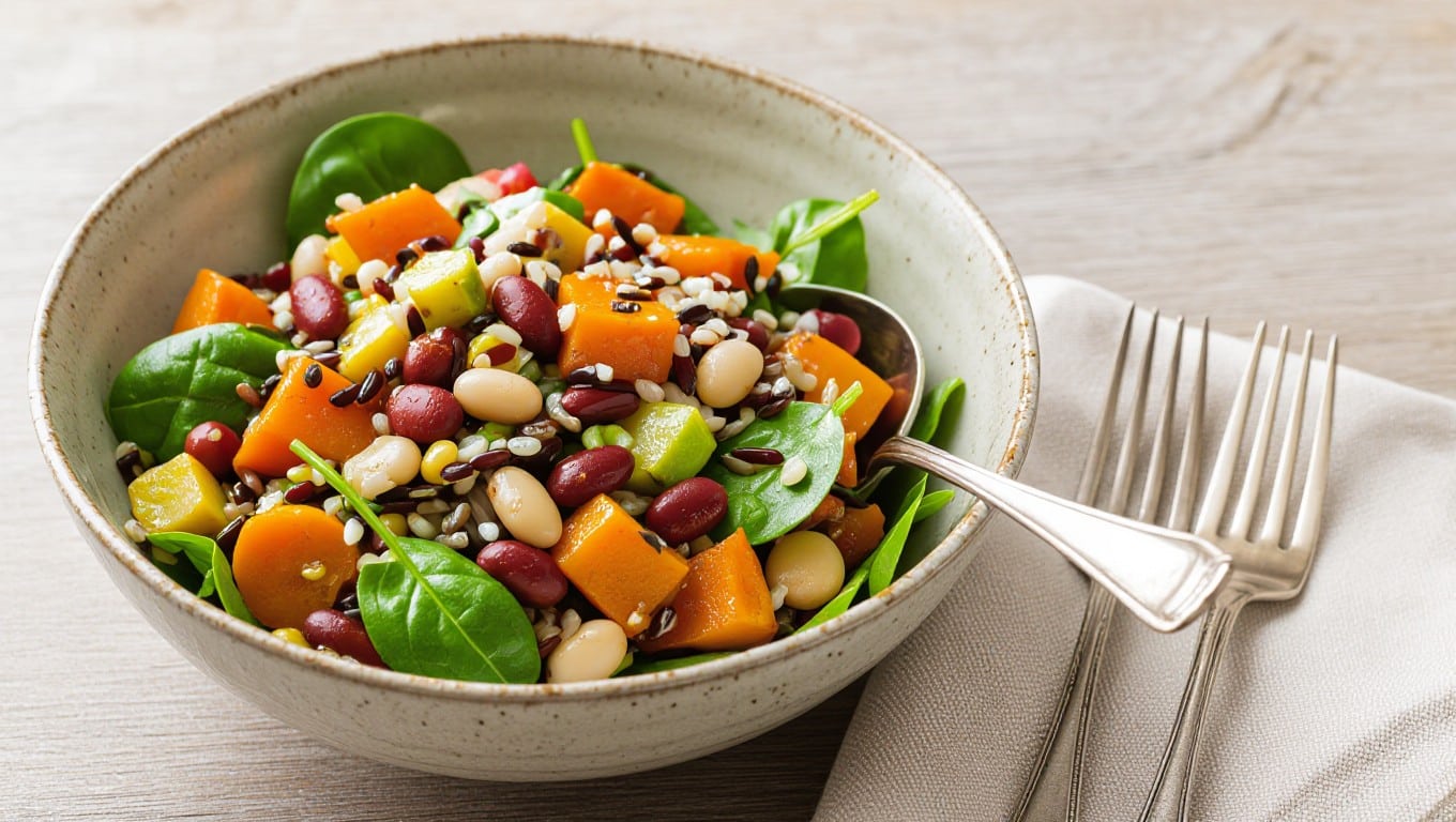 Jamie Oliver healthy wild rice salad with roasted vegetables and beans.