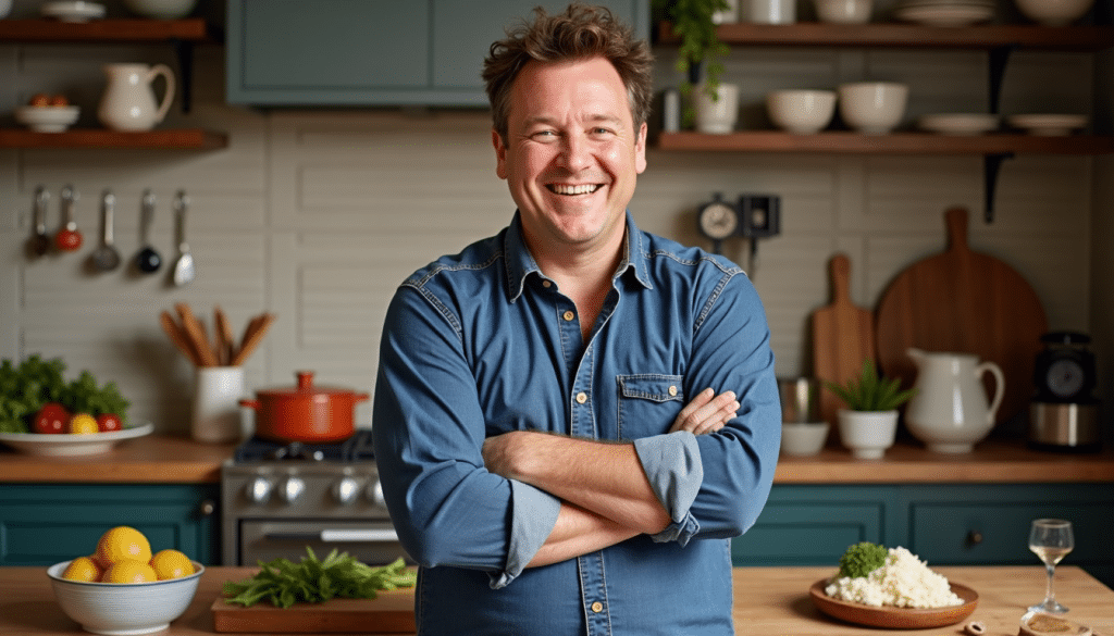 Jamie Oliver chopping fresh herbs in a rustic farmhouse kitchen surrounded by vegetables and warm natural light.