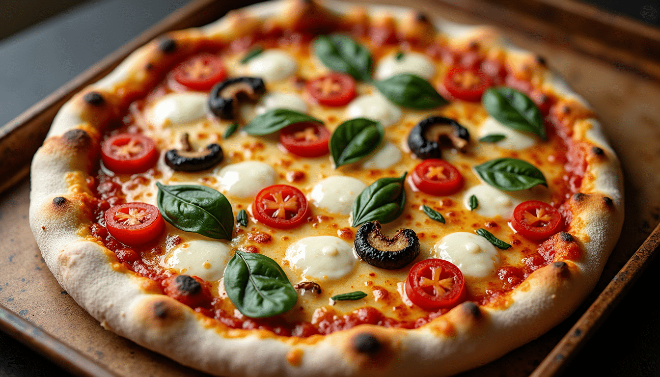 Freshly baked vegetable pizza with melted cheese and roasted peppers.