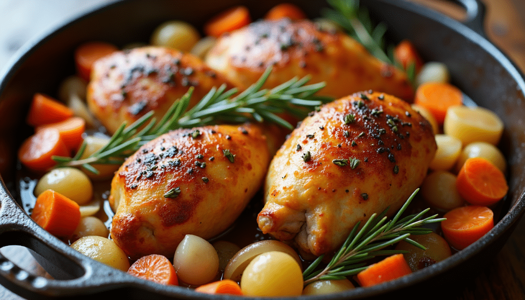One-pan roast chicken with vegetables in a rustic tray.