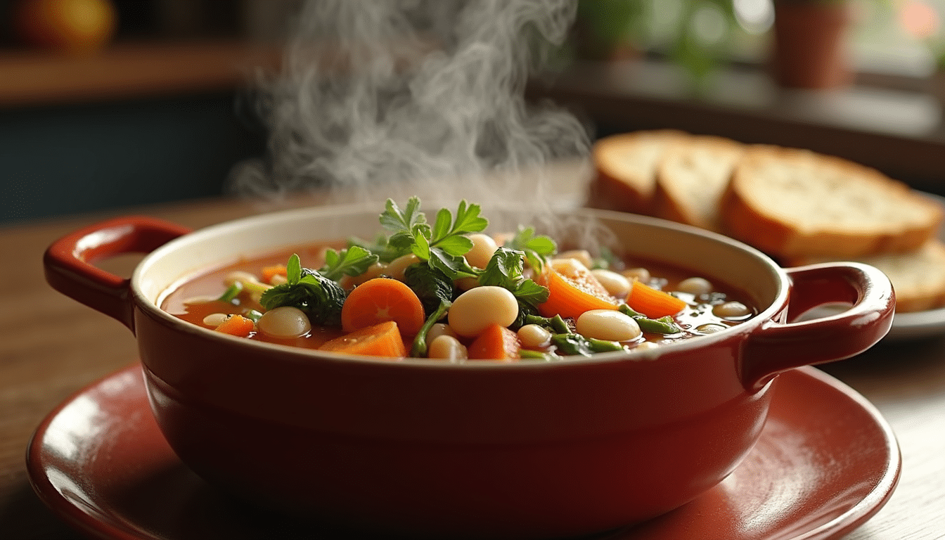 Hearty vegetable soup served with garlic bread on a rustic table.