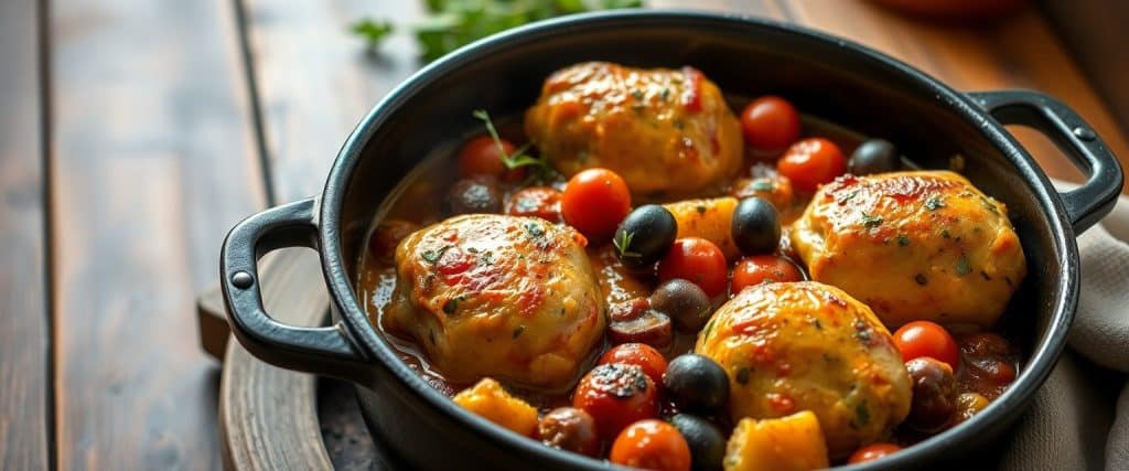 Rustic one pot chicken casserole with golden chicken, tomatoes and olives in a cast iron pot.