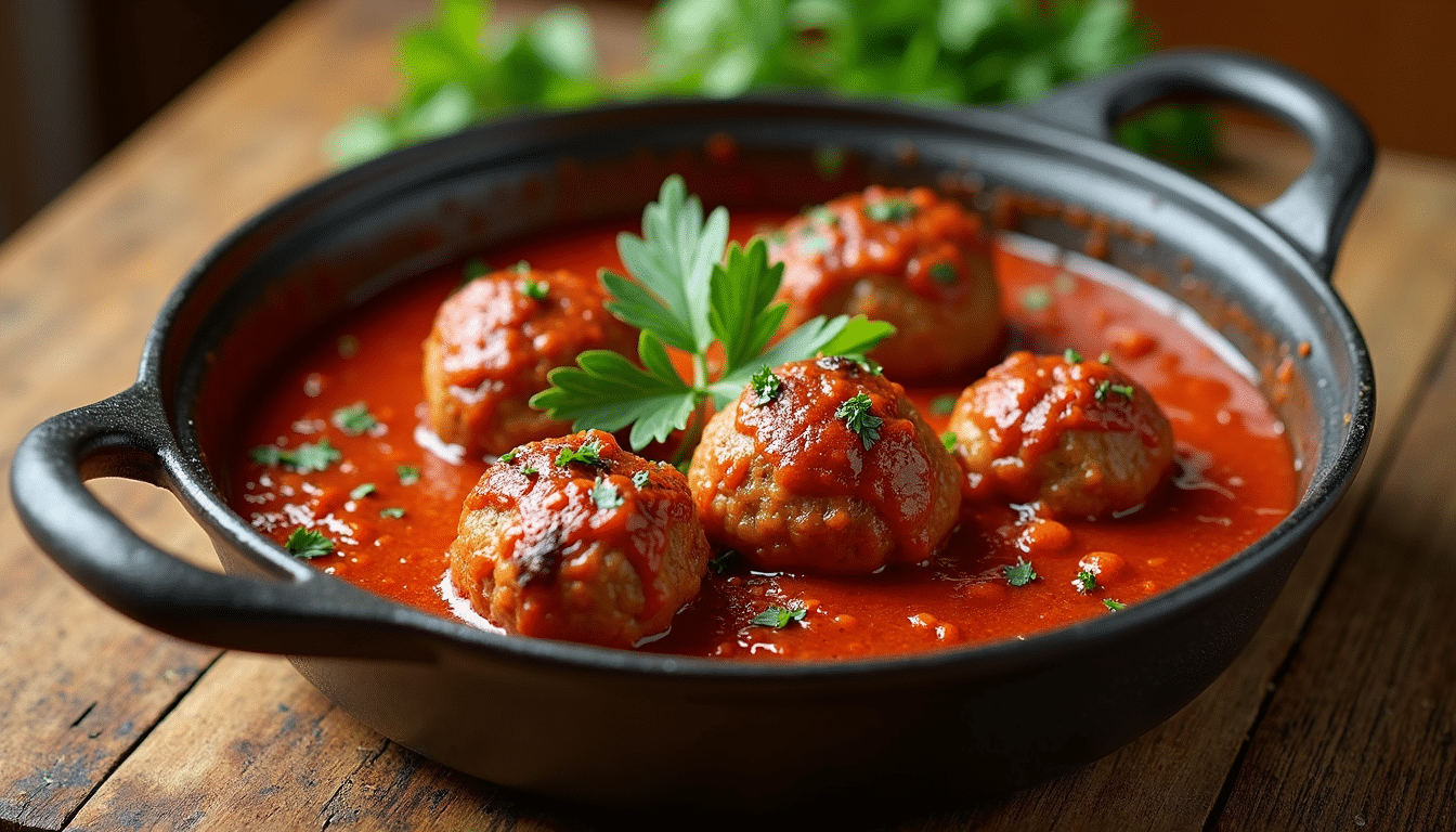 Hearty one pot lamb meatballs in tomato sauce garnished with parsley.
