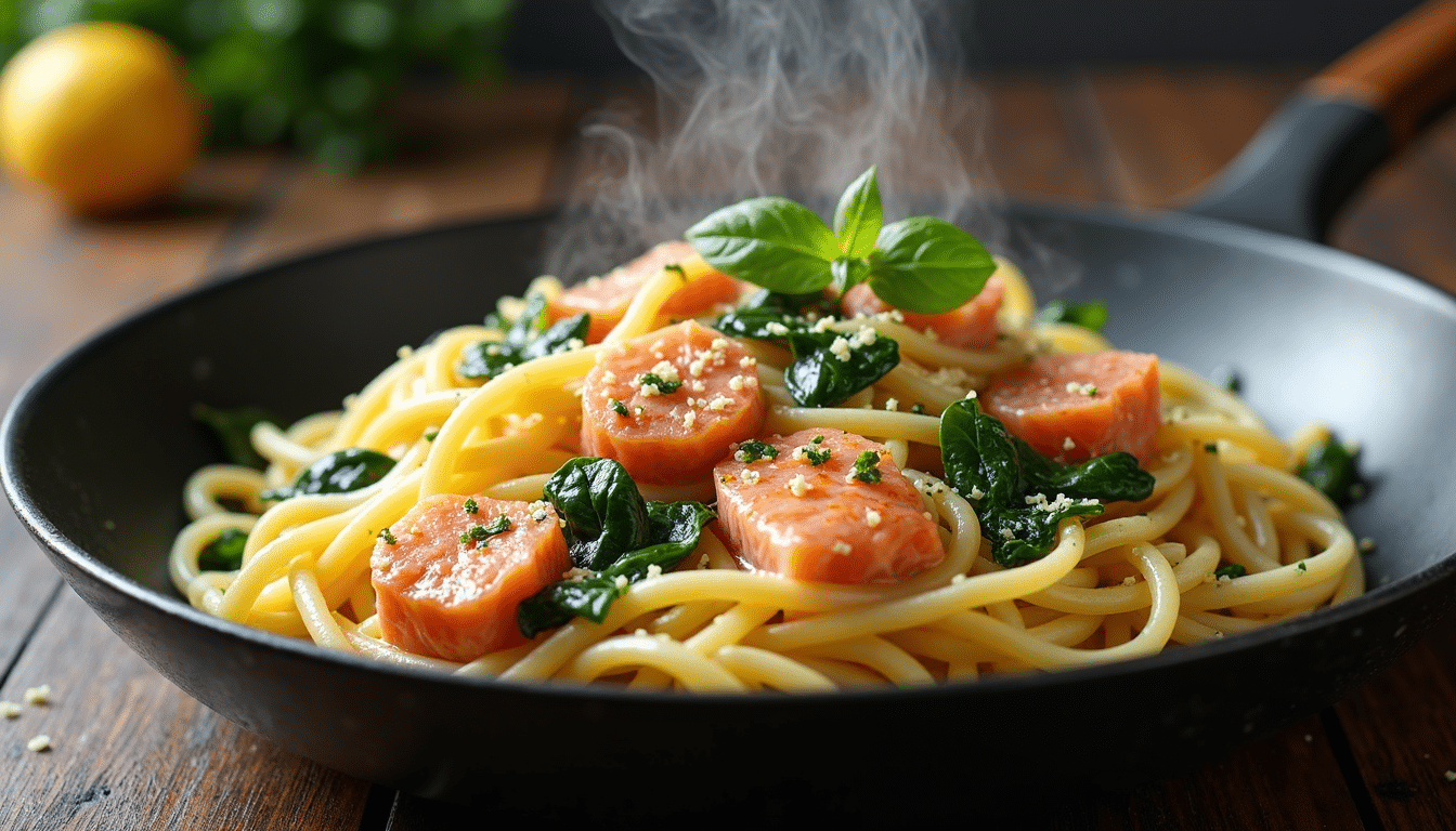 One pot salmon pasta with spinach and lemon zest served in a deep pan.
