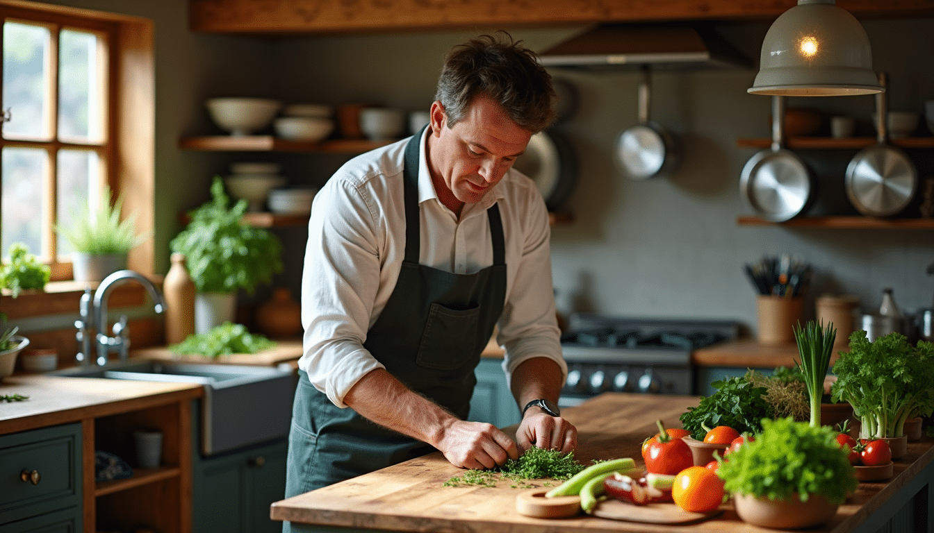Jamie Oliver serving a colorful family-style dinner outdoors at sunset with pasta, salads, and bread on a rustic table.