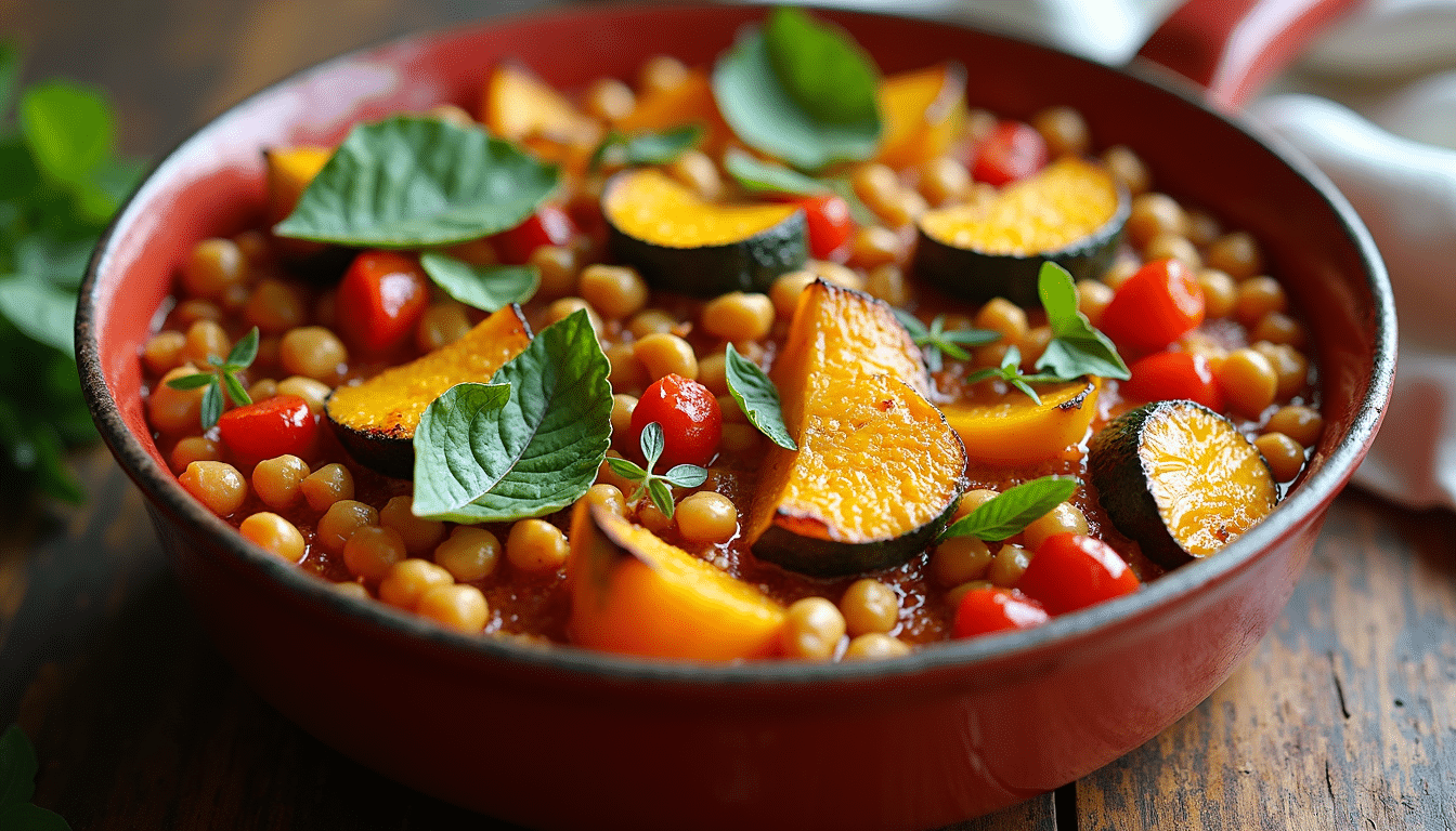 Colourful vegetarian one pot traybake with roasted squash, peppers, courgettes and chickpeas.