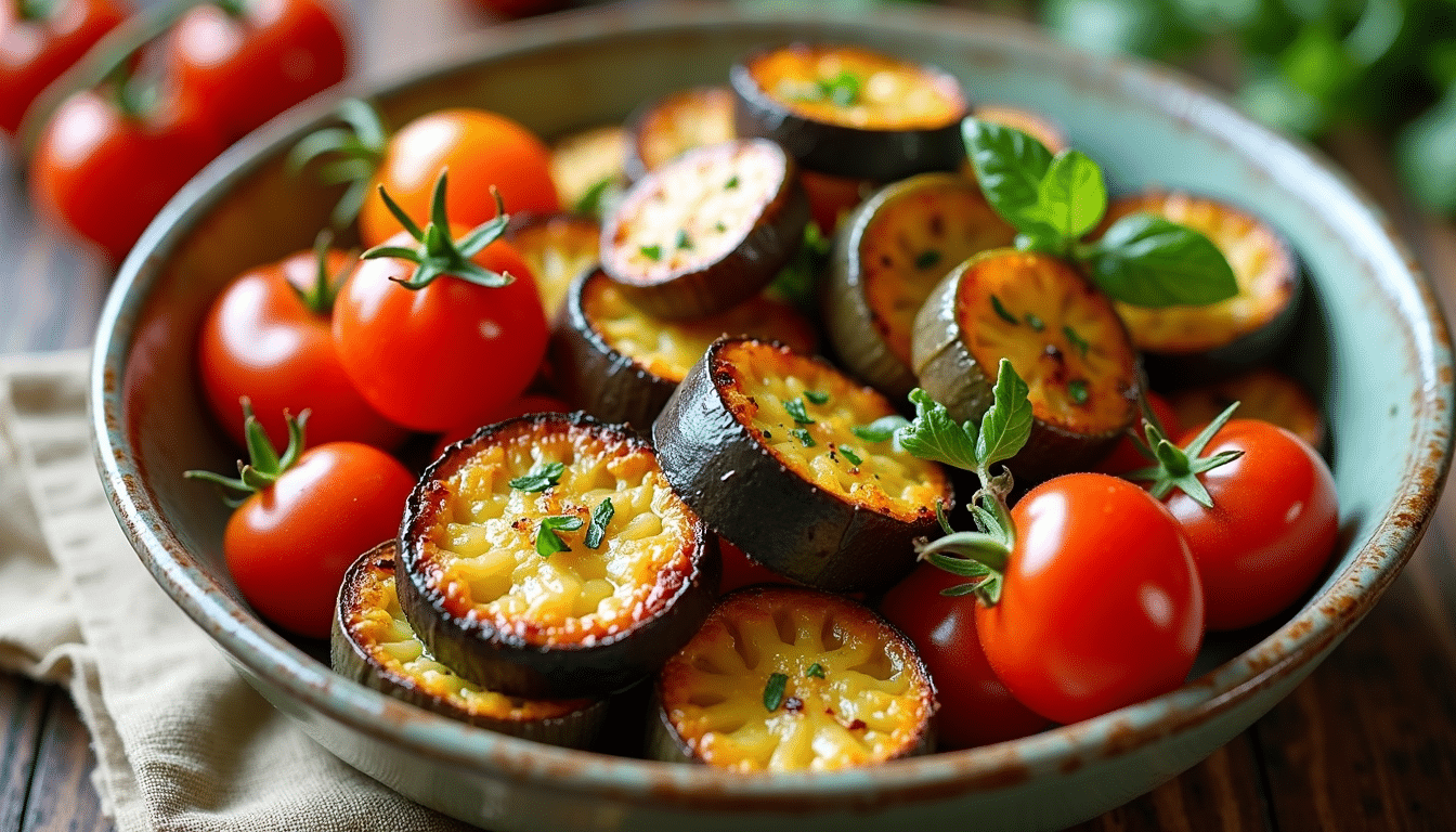 Mediterranean roasted vegetables with zucchini, peppers, aubergine and cherry tomatoes garnished with fresh herbs.