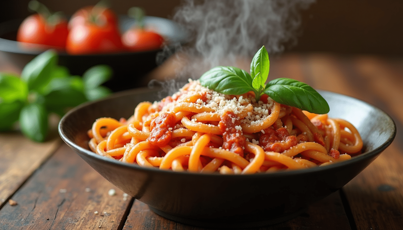 Creamy tomato pasta with basil and parmesan on a wooden table.