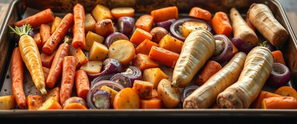 Perfectly roasted carrots, potatoes and red onions on a rustic oven tray with golden crispy edges.