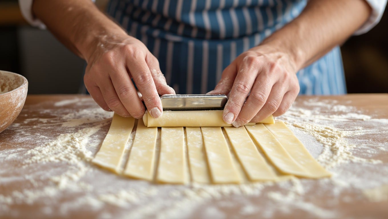 Shaping crostoli dough with pasta roller in traditional kitchen