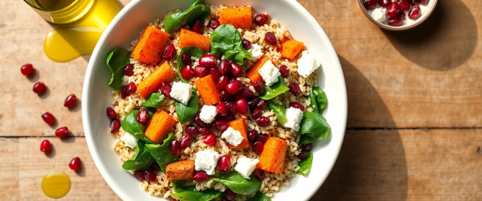 Colourful wild rice salad with roasted carrots, pomegranate, and goat’s cheese.