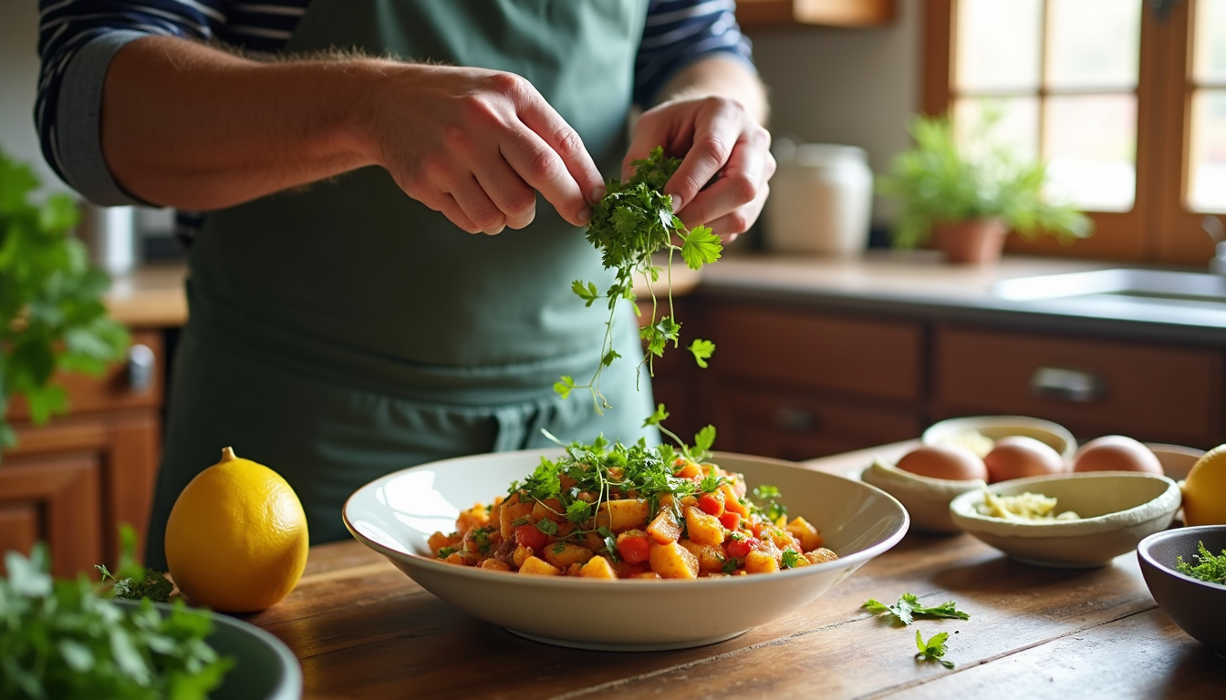 Jamie Oliver cooking vegetarian recipes and adding herbs to a roasted vegetable dish