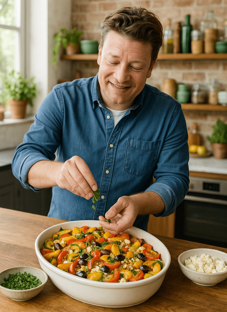 Jamie Oliver preparing vegetarian recipes in a rustic kitchen with roasted vegetables