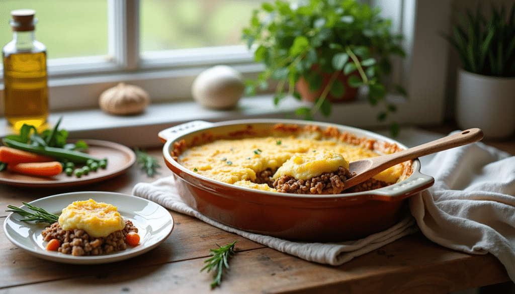 Jamie Oliver Shepherd’s Pie Recipe in a rustic baking dish with golden mashed potato topping and side of peas and carrots.