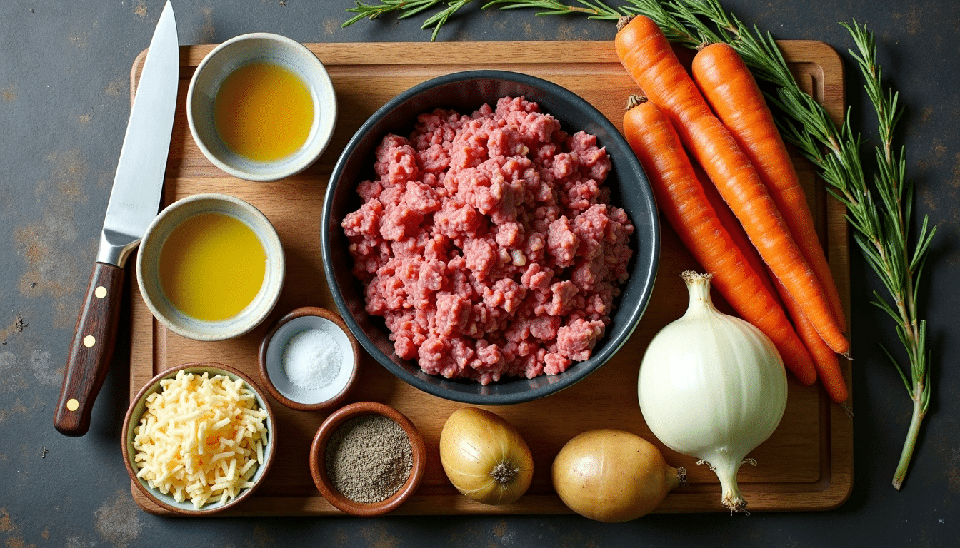 Fresh ingredients for Jamie Oliver Shepherd’s Pie Recipe including minced lamb, potatoes, carrots, and rosemary.