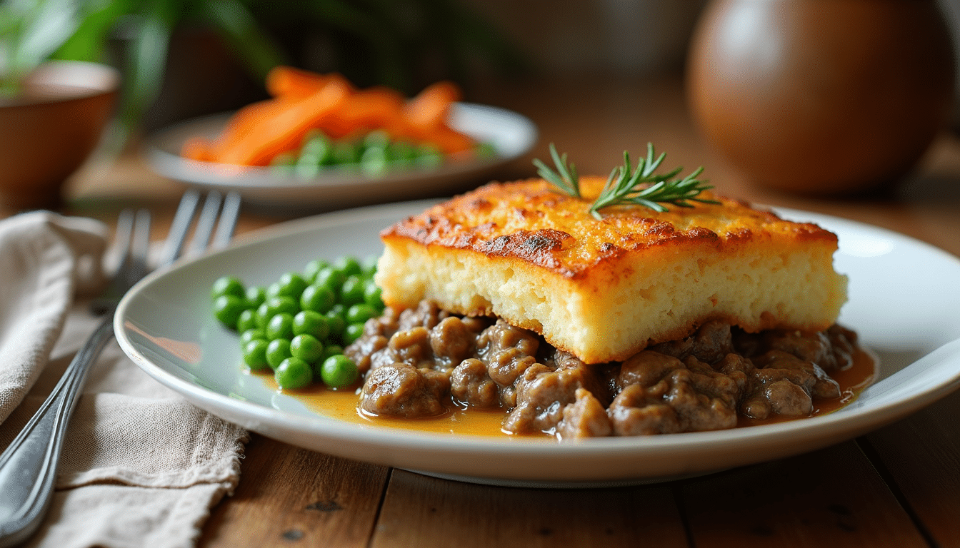 Jamie Oliver Shepherd’s Pie Recipe served with peas and carrots as a comforting home-cooked meal.