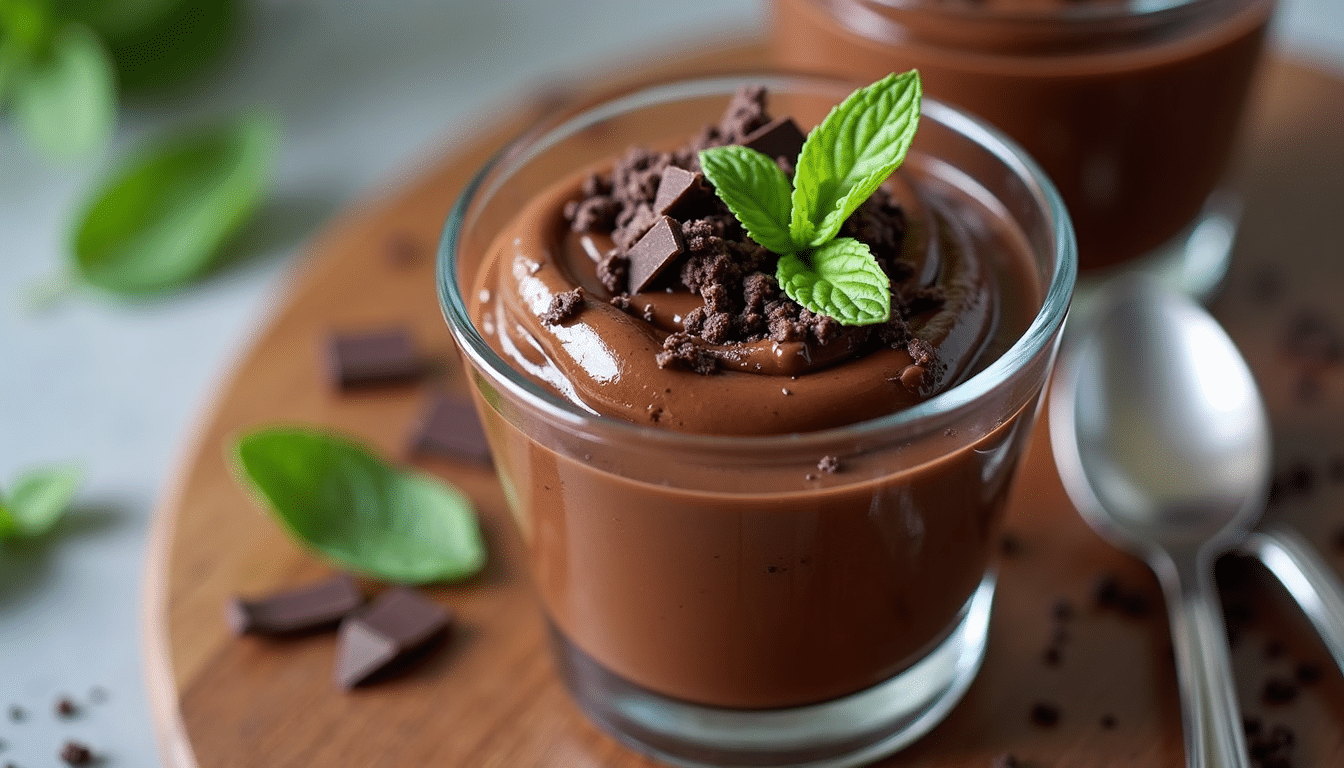 Jamie Oliver chocolate vegan pudding with dark chocolate garnish.