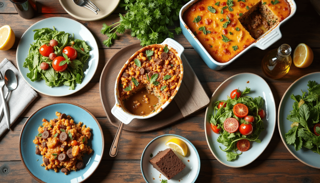 A collection of Jamie Oliver vegan recipes including shepherd’s pie, lasagne, salad, and chocolate pudding on a rustic kitchen table.