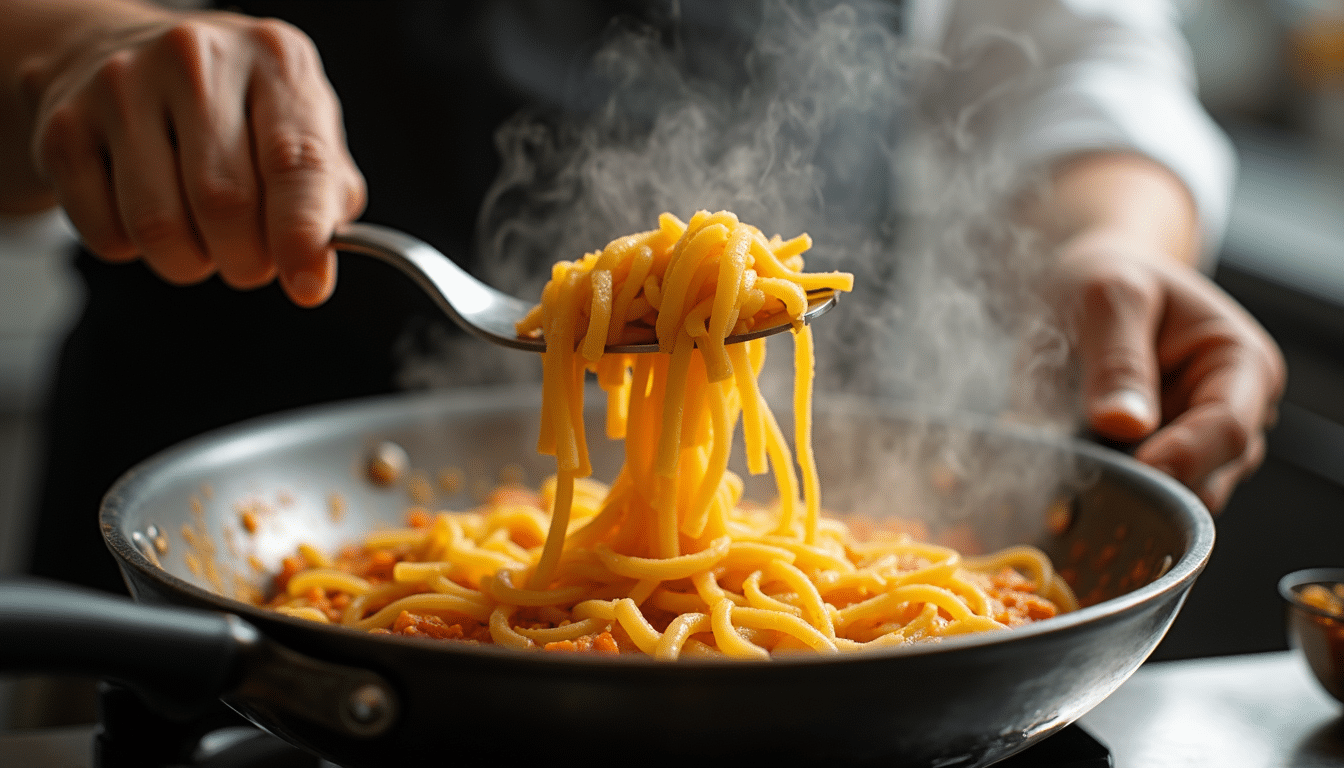 Chef finishing pasta in sauce pan using Jamie Oliver’s timing method.