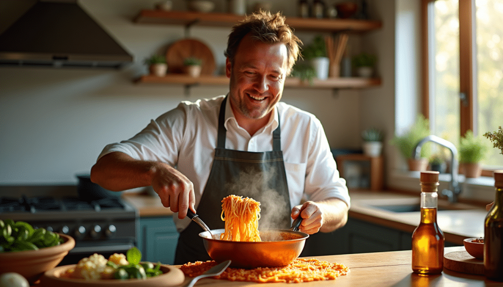 Jamie Oliver cooking pasta and tossing sauce in a pan in his home kitchen.