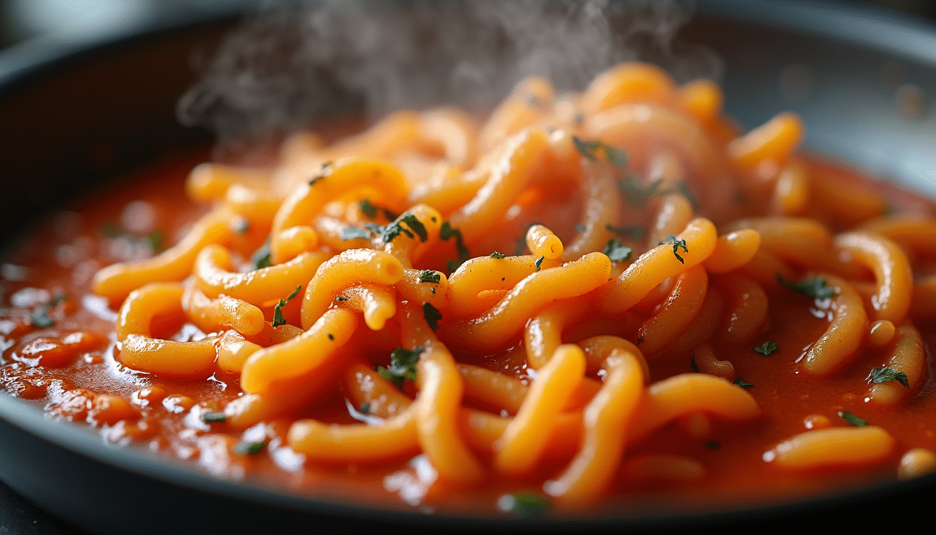 Pasta being tossed in sauce using Jamie Oliver’s emulsification technique.