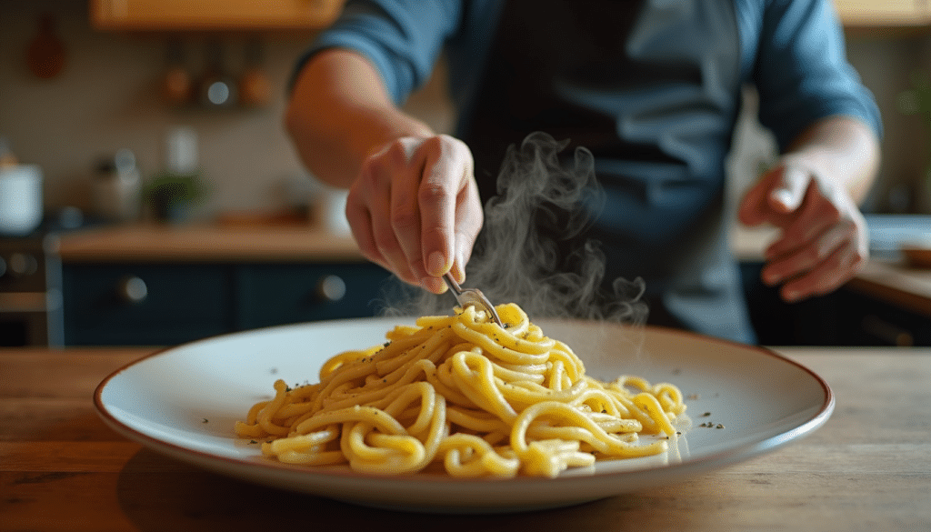 Jamie Oliver plating his viral Instagram pasta in a rustic kitchen.