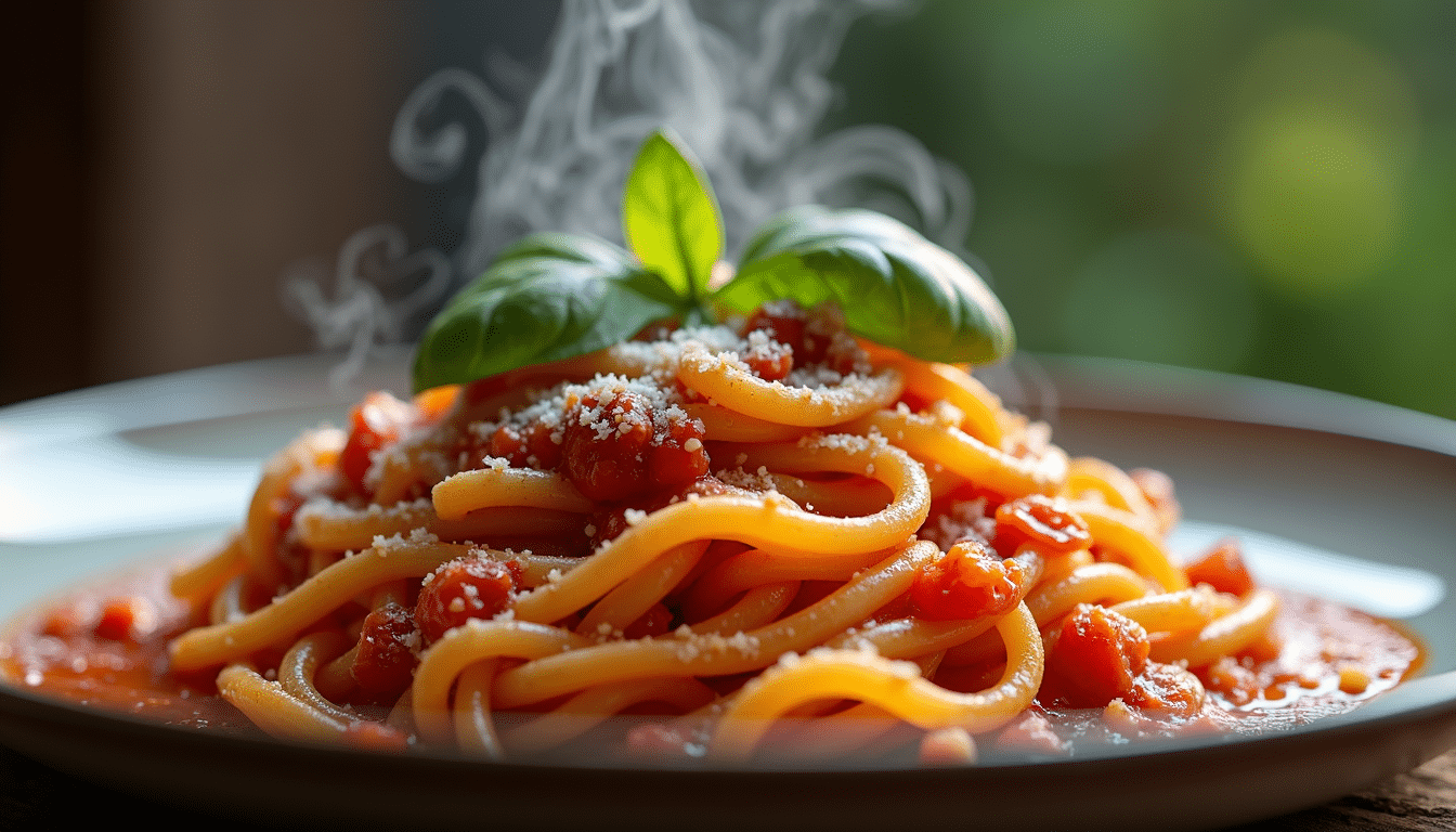 Close-up of creamy tomato pasta with basil and Parmesan.